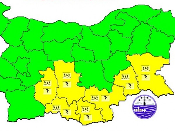 Жълт код за бури и градушки за седем области