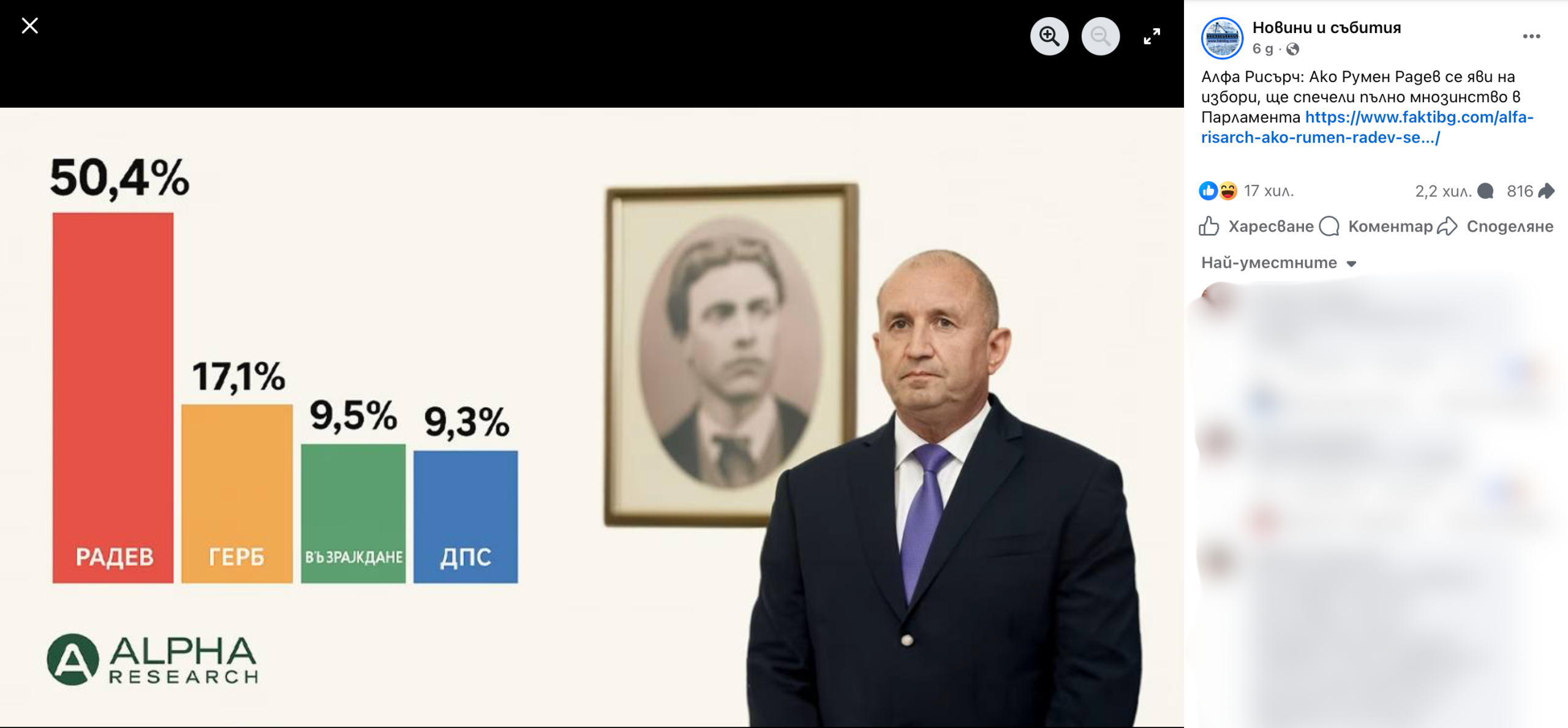 Не е вярно, че социологическо проучване дава над 50% подкрепа за евентуална партия на Румен Радев